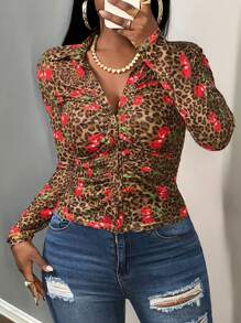 Slaydiva Sexy Lässig Leopard Kirsche Muster halb-durchsichtiges Mesh Langarm T-Shirt für Damen