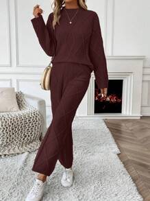 SHEIN LUNE 2pcs/Set Solid Color Stand Collar Long Sleeve Top And Pants Casual Sweater Set - Coffee Brown - View 3