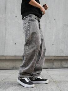 Claim Dot Men'S Contrast Stitching Slanted Pocket Baggy Denim Jeans - Light Grey - View 6