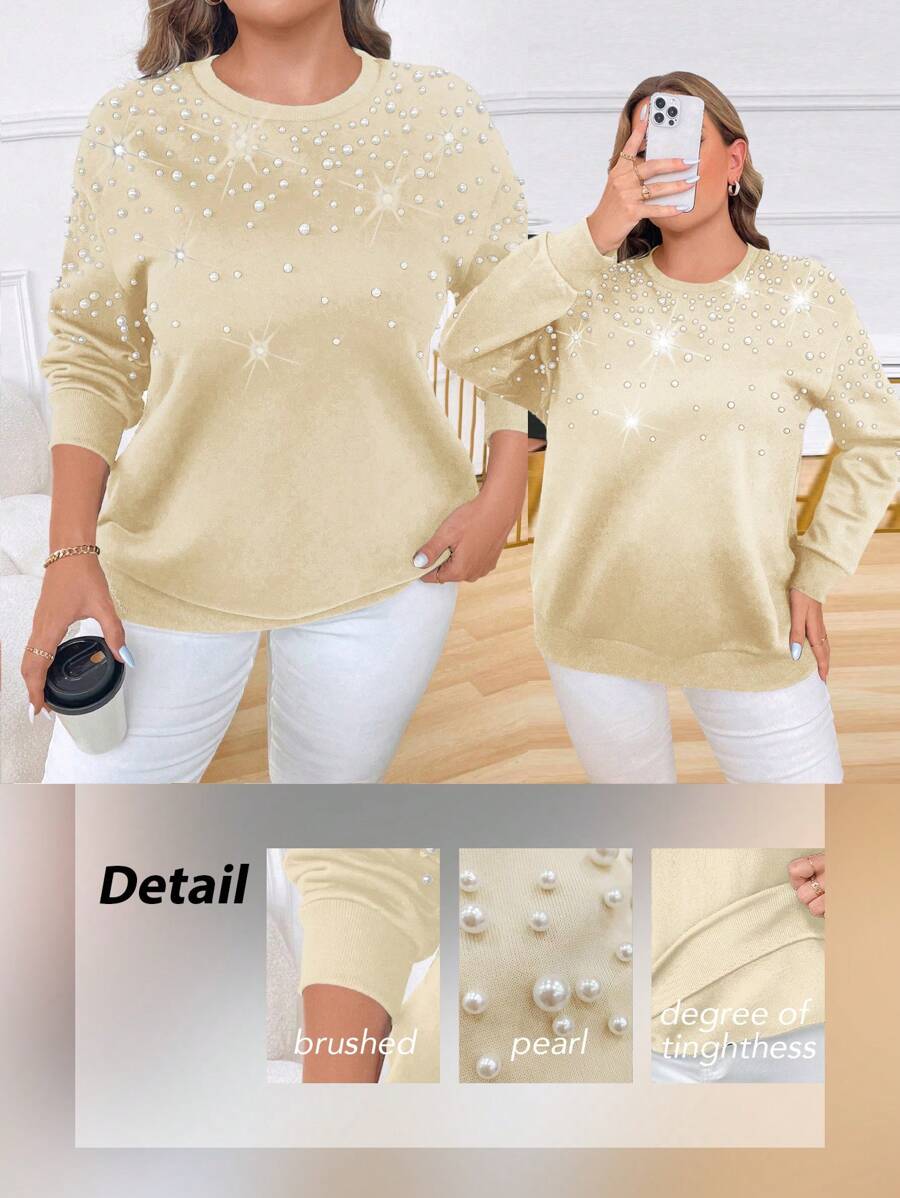 Calvaya Áo nỉ dáng rộng, thanh lịch, cổ tròn, đính cườm thủ công, cỡ lớn, thích hợp cho mùa thu. - Màu be - Xem 1