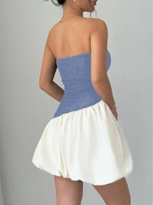 Elenzga Set de 2 vestidos cortos de cintura baja con bloque de color, sin tirantes y fruncidos