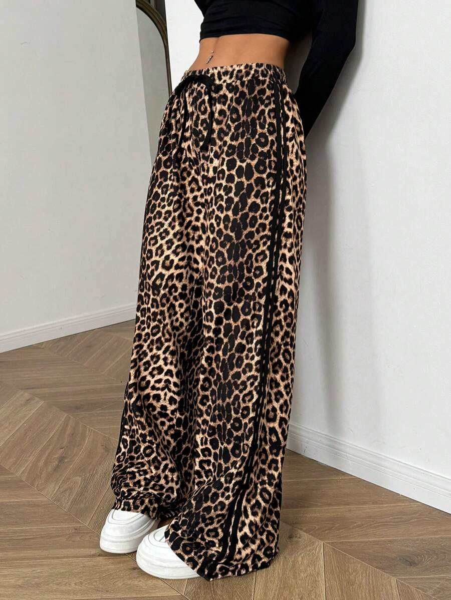 Flirla Quần ống rộng cạp rút họa tiết da báo Y2K cho nữ - Nhiều màu - Xem 1