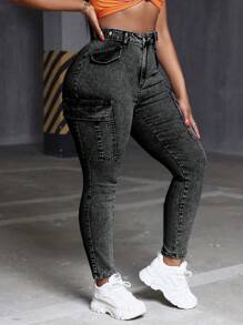 SHEIN SXY Pantalones vaqueros negros de tiro bajo y ajustados elásticos lavados, básicos para volver al colegio, versátiles para todas las estaciones - Negro - Ver 6
