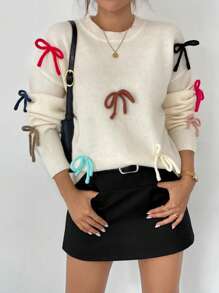 Chiquease Suéter Casual Feminino com Bloco de Cores e Laço Fofo, Outono/Inverno