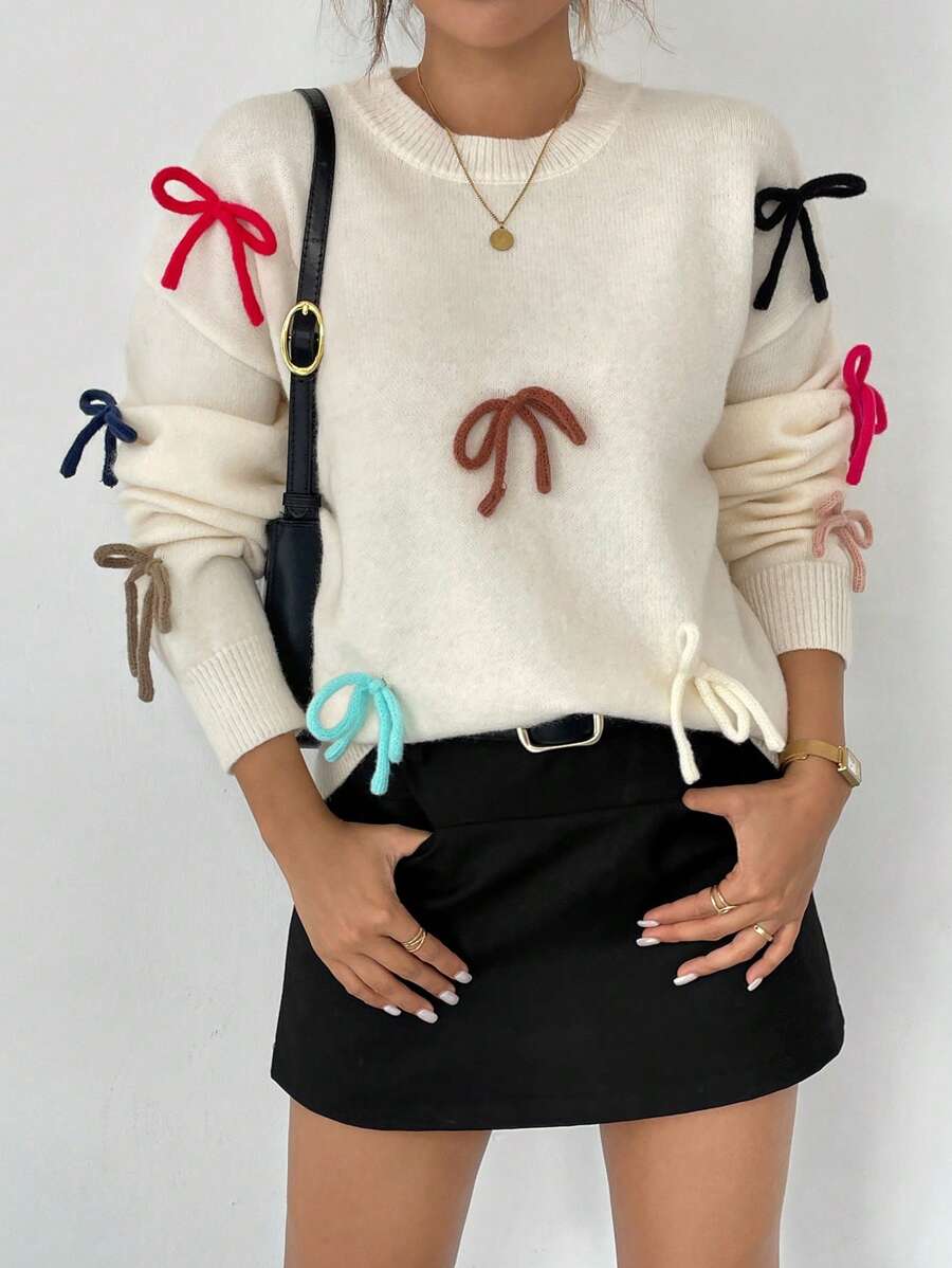 Chiquease Suéter Casual Feminino com Bloco de Cores e Laço Fofo, Outono/Inverno