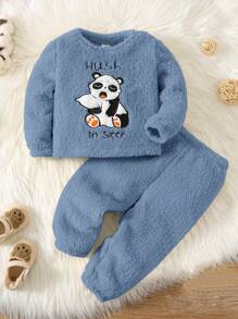 SHEIN 2 件套可爱熊猫刺绣圆领长袖睡衣套装带保暖毛绒裤适合男婴，秋冬季 - 藍色 - 查看 1