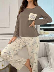 Conjunto de pijama de manga larga con estampado floral, ropa de otoño e invierno - Marrón - Ver 4