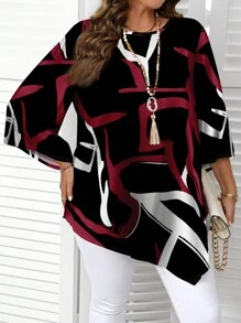 EMERY ROSE Casual Minimalist All-Over Retro Abstract Line Print Pattern Versatile Plus Size Shirt, Suitable For Autumn/Winter Chic Blouses For Women - Multicolor - View 5