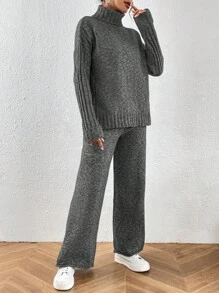 Chiquease 2pcs Set: Casual Solid Color Turtleneck Sweater And Ankle Length Pants For Autumn/Winter