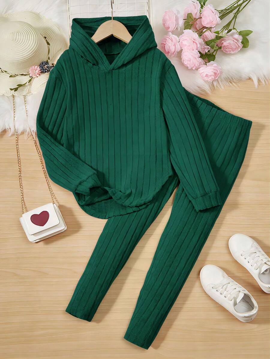 2pcs Tween Girl Ribbed Hooded Asymmetrical Hem T-Shirt With Leggings Set - Dark Green - View 1