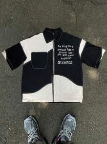Manfinity VCAY Camisa de manga corta casual de hombre con impresión de eslogan, hombros caídos, suelta y de tejido, para verano y uso casual. Camisa ancha de bloques de color y letras
