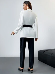 Firerie 2pcs Women Set: Color Block Belted Blazer Jacket & Comfy Loose Long Dress - Black and White - View 2