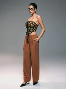 Zolique 秋冬性感豹纹鱼骨束身衣吊带女款两件套，适合办公室和约会新年露肩抹胸俱乐部节日派对服装女款 - 棕色 - 查看 4
