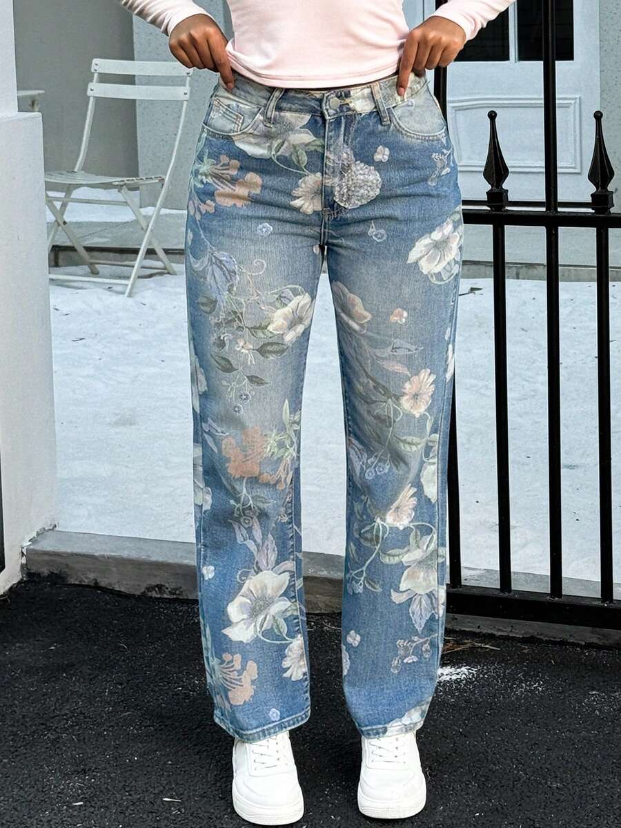 女士花卉印花直筒牛仔裤 - 中等水洗藍 - 查看 1
