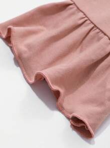 DAZY 2 件套女士纯色长袖单排扣翻领荷叶边上衣和裤子睡衣套装 - 藕粉色 - 查看 7