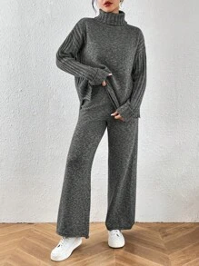 Chiquease 2pcs Set: Casual Solid Color Turtleneck Sweater And Ankle Length Pants For Autumn/Winter