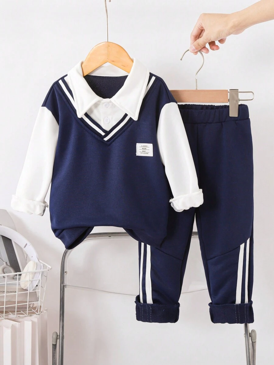 2 件装年轻男孩休闲校服 Polo 领撞色缝线上衣和撞色带装饰运动裤套装，适合春秋冬季日常穿着 - 寶藍色 - 查看 1