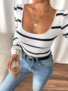 SHEIN Frenchy 1 chiếc áo thun dài tay kẻ sọc tương phản giản dị mùa thu - Đen và trắng - Xem 5