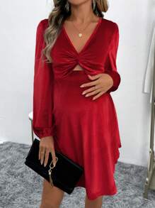 SHEIN 孕妇纯色扭纹前灯笼袖优雅连衣裙，适合新年节日聚会服装