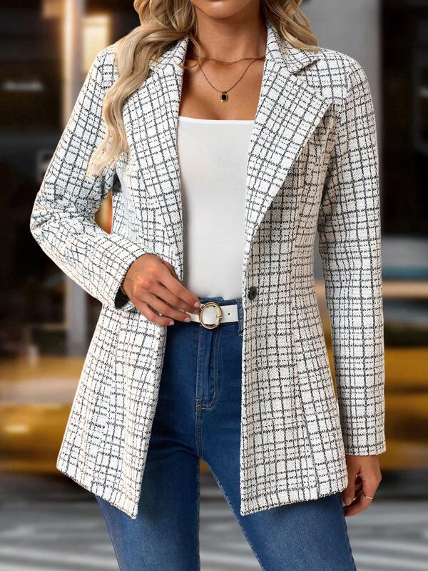 Solivie Blazer ajustado de mujer con patrón de cuadros blanco y negro para otoño/invierno, abrigo de mujer de invierno, ropa de mujer de invierno, abrigo de mujer de invierno