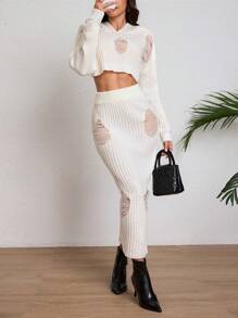 SHEIN Clasi 2 件女式纯色做旧落肩长袖短款连帽毛衣和超长针织裙休闲套装，秋冬 - 白色 - 查看 1