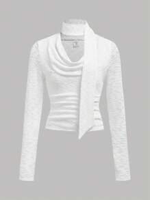 SHEIN Teen Girl Elegant White Tie Decor Neck Knitted Long Sleeve Loose Fit T-Shirt - White - View 1