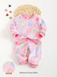 Cozy Pixies 2pcs/Set Baby Girl Colorful Floral Print Thick Warm Crew Neck Long Sleeve Sweatshirt And Jogger Pants Set