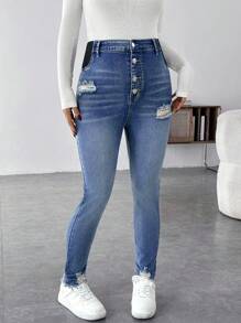 SHEIN Maternity Blue Denim Ripped Stretchy Skinny Pants - Blue - View 6