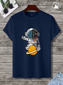 Manfinity Homme 男士卡通印花圆领休闲短袖 T 恤 - 藏蓝色 - 查看 1