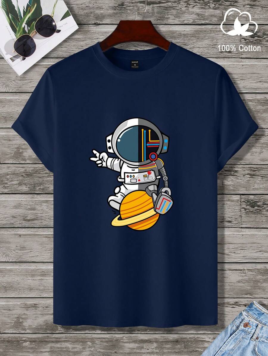 Manfinity Homme 男士卡通印花圆领休闲短袖 T 恤 - 藏蓝色 - 查看 1