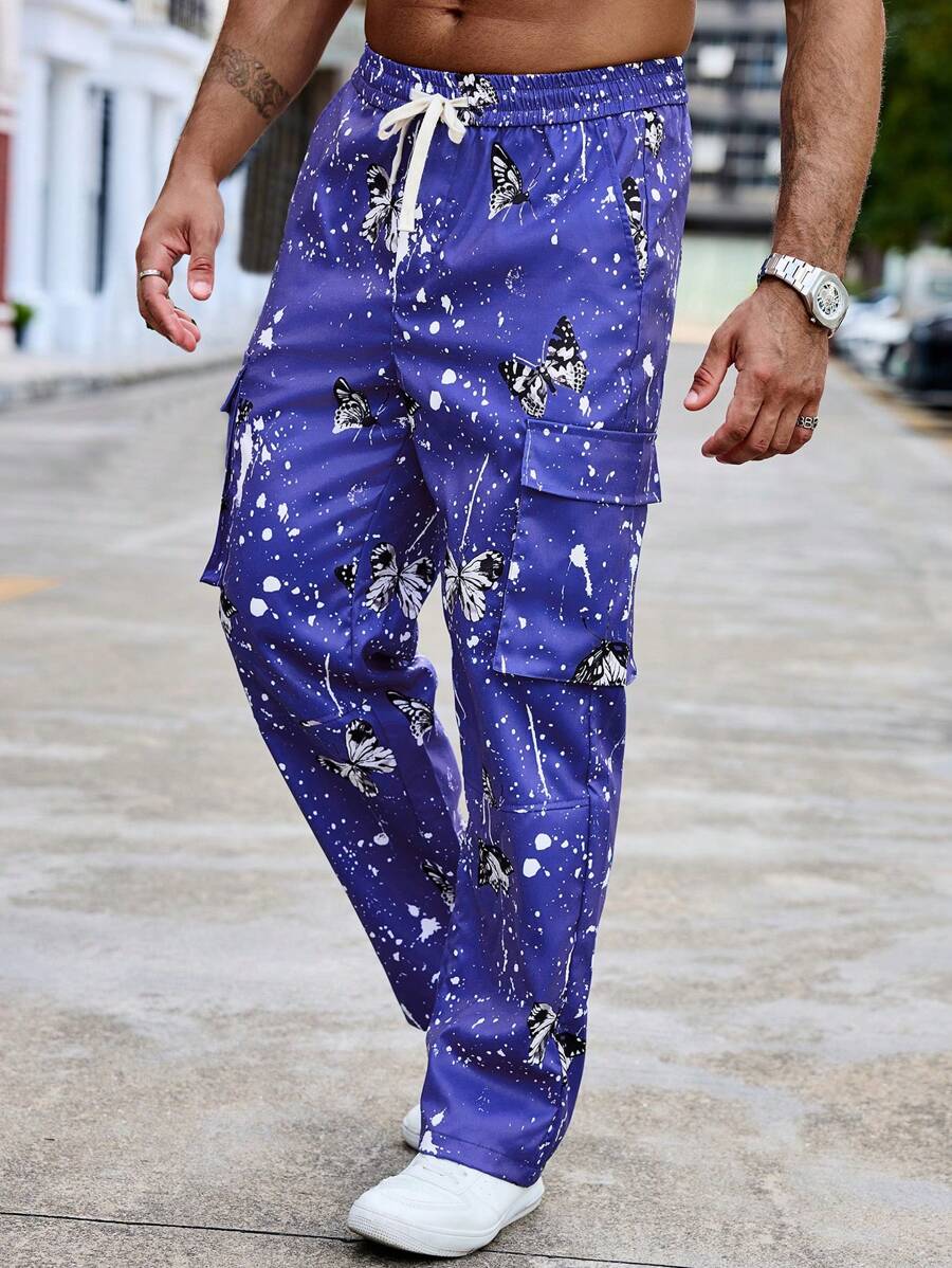 Manfinity Roughcore Pantalones cargo de hombre casuales de corte recto y sueltos con estampado de graffiti - Azul - Ver 1
