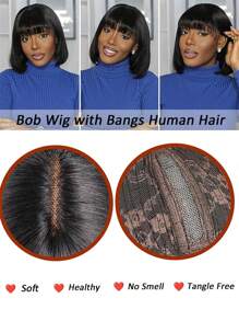 带刘海的鲍勃假发 真人头发无胶短鲍勃假发 女士升级版机器制造中分 2x1 蕾丝假发 - Natural Black - 查看 4