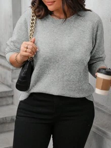 Calvaya Plus Size Women Simple Solid Color Pullover Sweater, Versatile Casual Wear, For Winter Knit Pullover Fall - Light Grey - View 3