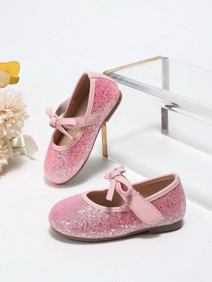 女童水钻蝴蝶结平底鞋，韩版，休闲，公主，芭蕾平底鞋，幼儿/小童，秋冬 - 粉色 - 查看 1