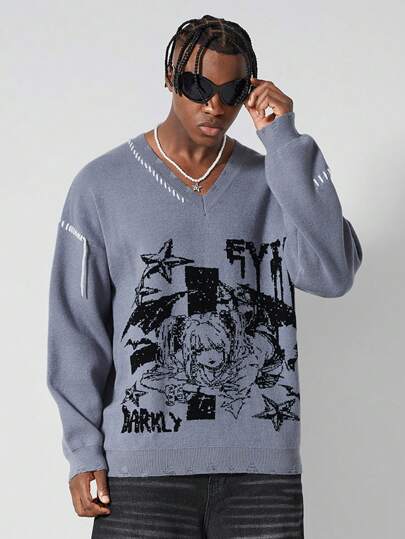 Anime كنزة صوفية صوفية رجالية فضفاضة بفتحة رقبة على شكل V مع طباعة الحرف والنجمة ذات أكمام طويلة، مناسبة للخريف والشتاء