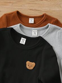 SHEIN 3 piezas Conjunto de ranaper con pies elástico de manga larga con diseño de oso de dibujos animados para bebé recién nacido niño/niña, adecuado para otoño e invierno
