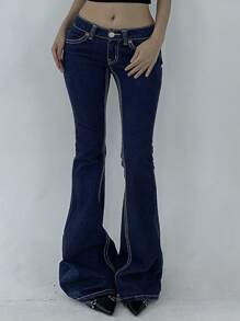 DAZY Women's Low Waist With Pockets Casual Flare Leg Jeans