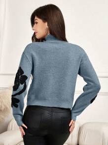 Mulvari 女士休闲花卉提花高领毛衣，秋冬针织套头衫 - 藍色 - 查看 2