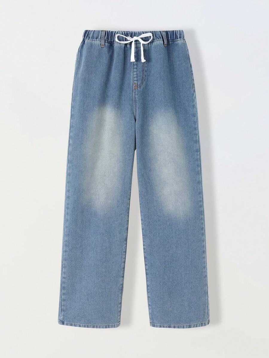 Teen Boy Street Casual Washed Drawstring Waist Jeans - Medium Wash - View 1