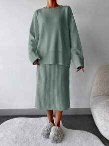 EURMUSE 2 件套女士休闲纯色圆领落肩上衣和长款中裙套装，秋季 - 薄荷綠 - 查看 4