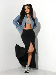 SHEIN PETITE Women's Casual Street Fashionable Sexy Layered Ruffle Trim High Slit Denim Skirt