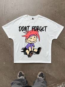 Manfinity EMRG Camiseta casual de cuello redondo de manga corta con estampado de eslogan y personaje de dibujos animados para hombres