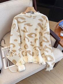 SHEIN LUNE Women's Casual Leopard Jacquard Distressed Sweater For Autumn/Winter - Multicolor - View 3
