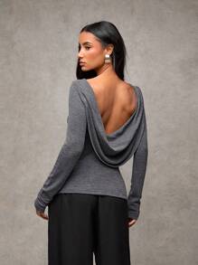 SHEIN BAE 1 件女式露背简约休闲 T 恤，时尚日常圣诞服装女式新年女式外出上衣女式露背上衣新年上衣外出上衣派对上衣 - 灰色 - 查看 3