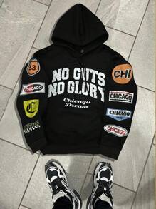 Manfinity EMRG 加大码男士字母印花连帽卫衣，外出街头时尚图案长袖连帽衫，适合送给朋友、丈夫、男朋友的礼物，黑色图案连帽衫，男士街头时尚连帽衫，图案连帽衫 - 黑色 - 查看 1