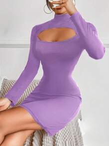 Chiquease 女士立领长袖镂空修身短裙，纯色，秋季 - 紫色 - 查看 3