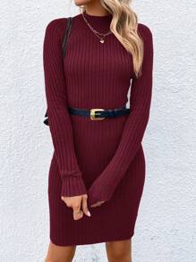 SHEIN Essnce Vestido de suéter elegante de punto de manga larga de cuello alto en unicolor con manga raglán para mujer, para otoño/invierno - Burdeos - Ver 4