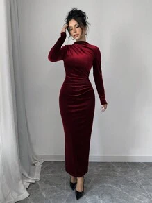 Selianne Women Elegant Velvet Asymmetric Ruffle Split Hem Dress Burgundy Maxi Women Outfit Fall Cloth For Women