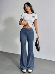 Muchica Set de 2 pantalones deportivos con cintura de cordón y pierna acampanada, apropiados para actividades al aire libre - Neblina azul - Ver 6