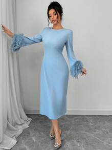 SHEIN Elenzya 优雅女士蓬松镶边圆领纯色长袖连衣裙长款女装 - 藍色 - 查看 6